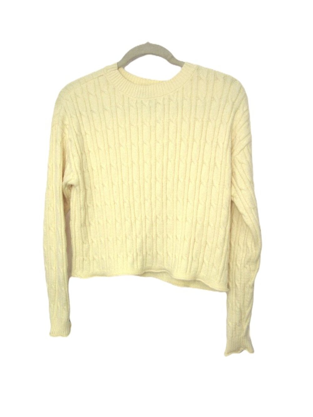 DKNY Size S Yellow Sweater Cropped Cable Knit Soft Rolled Hem & Cuff Crew Neck